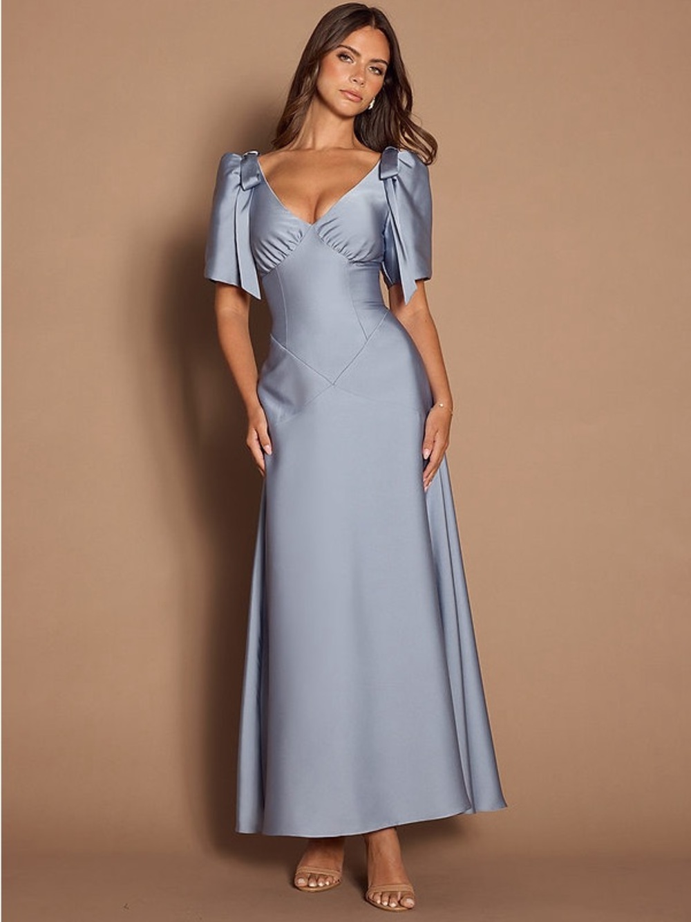 Azazie Atelier Rosaline Powder Blue Satin Puff-Sleeve Dress - NWT